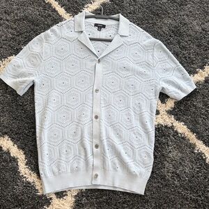 Reiss Pale Blue Knit Short Sleeve Button-Down Shirt